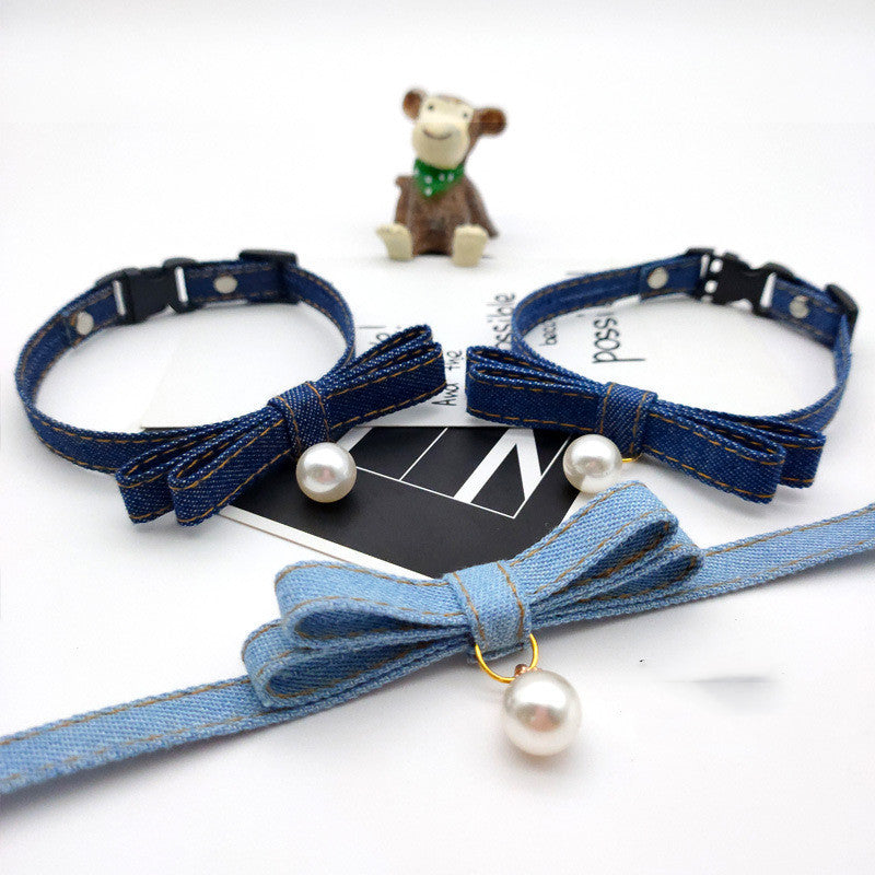 Denim Bow Tie Cat Collar with Pearl Accent - Adjustable Designer Style