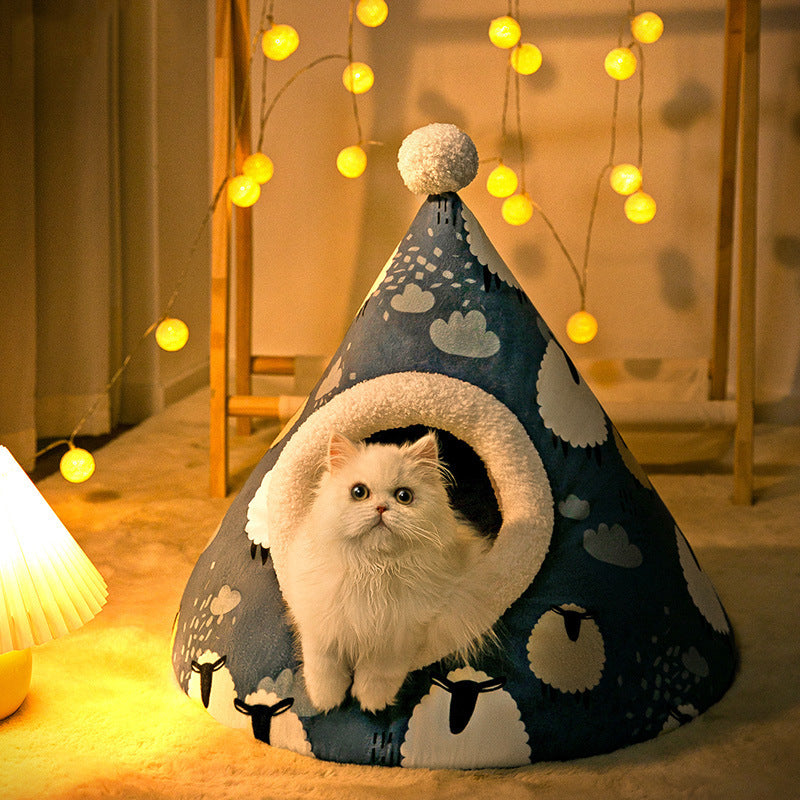 New Triangle Cat House Cave Bed - Detachable Washable Pillow, Self-Warming For Indoor Cats & Small Dogs (Medium)