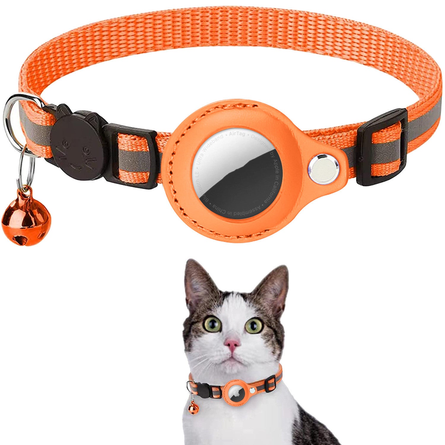 AirTag Cat Collar with Breakaway Safety Buckle - Reflective Adjustable Collar with Bell and Secure Tracker Holder