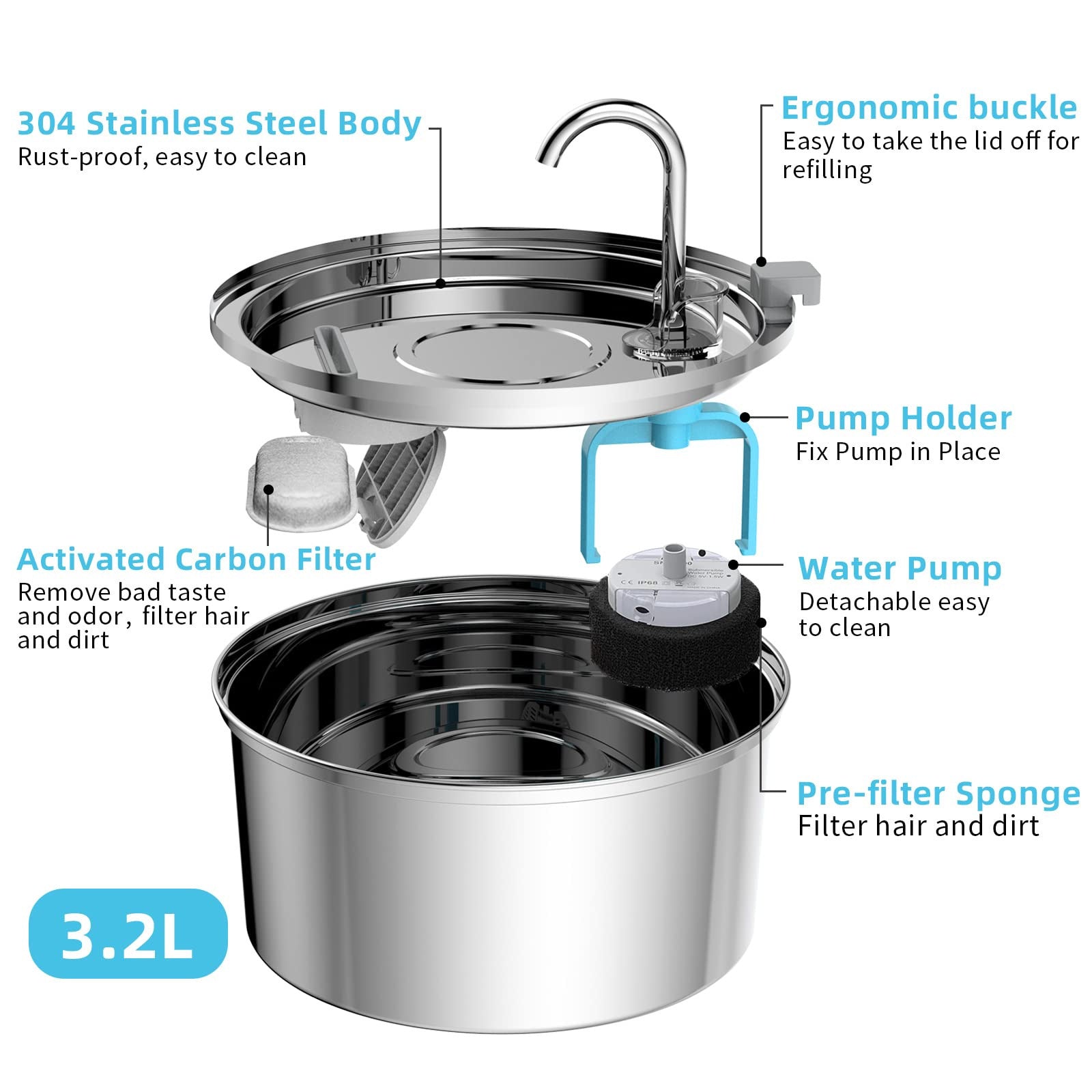 Premium 3.2L Stainless Steel Cat Water Fountain - Automatic Pet Drinking Fountain with Filtration System