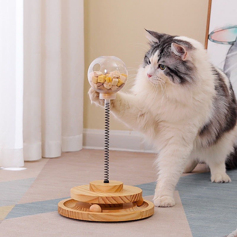 Interactive Cat Treat Dispenser - Wobble Spring Toy with Natural Wood Base
