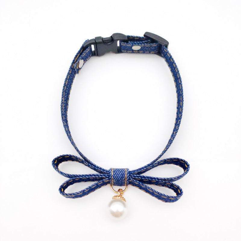 Denim Bow Tie Cat Collar with Pearl Accent - Adjustable Designer Style