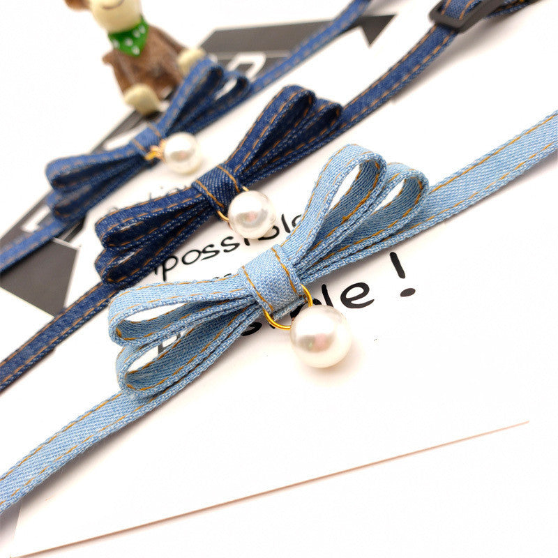 Denim Bow Tie Cat Collar with Pearl Accent - Adjustable Designer Style