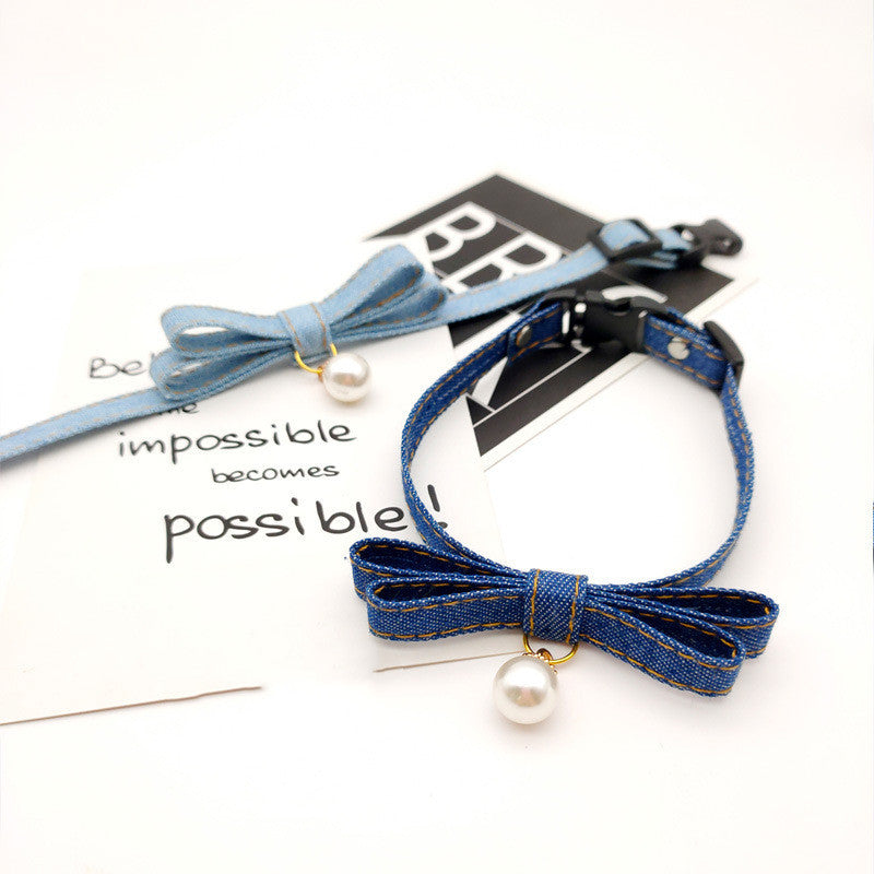 Denim Bow Tie Cat Collar with Pearl Accent - Adjustable Designer Style