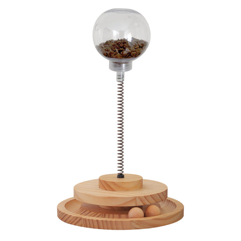 Interactive Cat Treat Dispenser - Wobble Spring Toy with Natural Wood Base