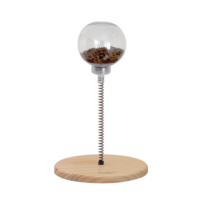 Interactive Cat Treat Dispenser - Wobble Spring Toy with Natural Wood Base