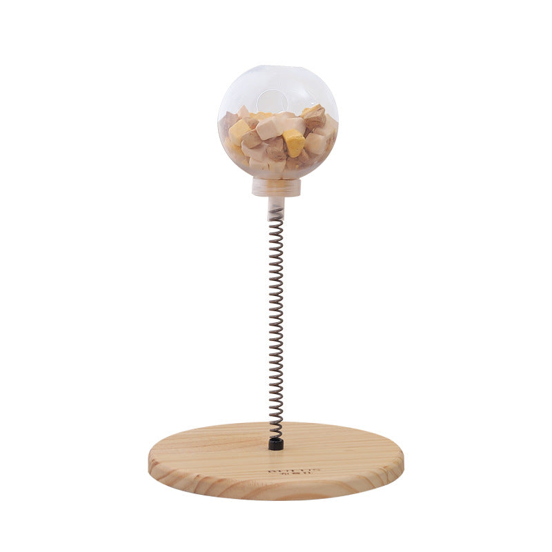 Interactive Cat Treat Dispenser - Wobble Spring Toy with Natural Wood Base
