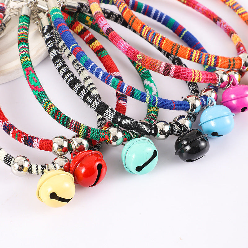 Boho Woven Cat Collar with Bell - Colorful Ethnic Pattern Adjustable Collar