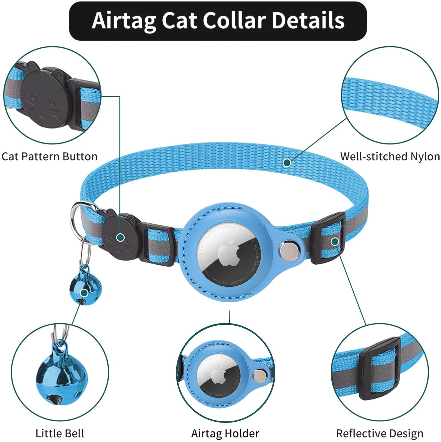 AirTag Cat Collar with Breakaway Safety Buckle - Reflective Adjustable Collar with Bell and Secure Tracker Holder