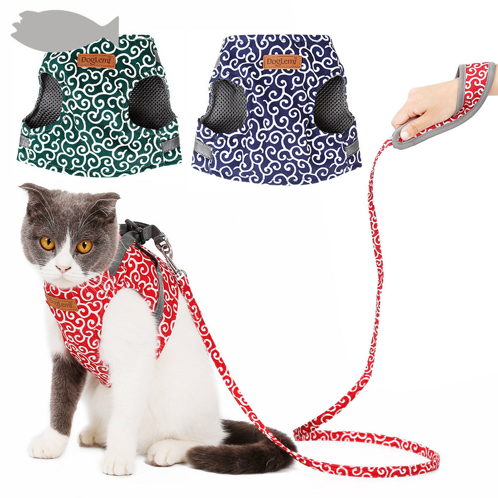 Japanese-Style Cat Vest Harness & Leash Set - Breathable Canvas with Ergonomic Design