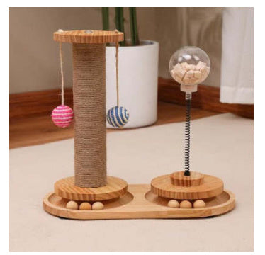 Interactive Cat Treat Dispenser - Wobble Spring Toy with Natural Wood Base
