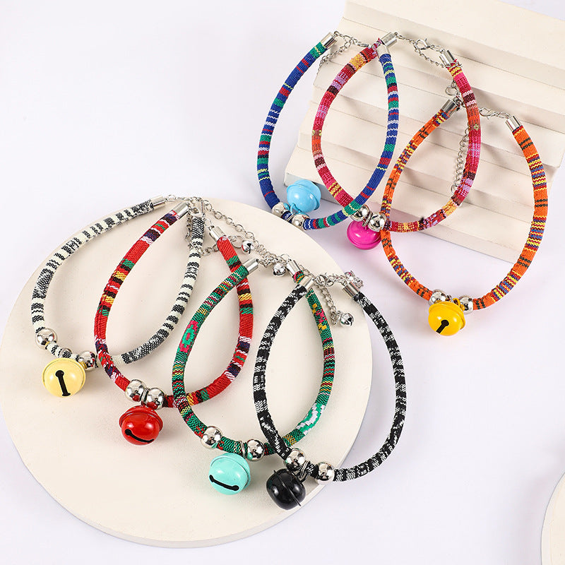 Boho Woven Cat Collar with Bell - Colorful Ethnic Pattern Adjustable Collar