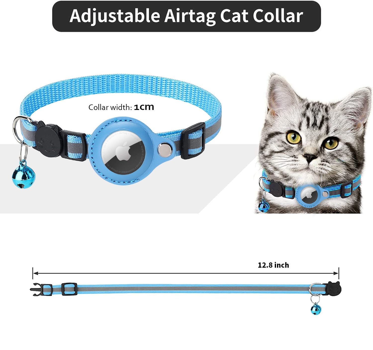 AirTag Cat Collar with Breakaway Safety Buckle - Reflective Adjustable Collar with Bell and Secure Tracker Holder