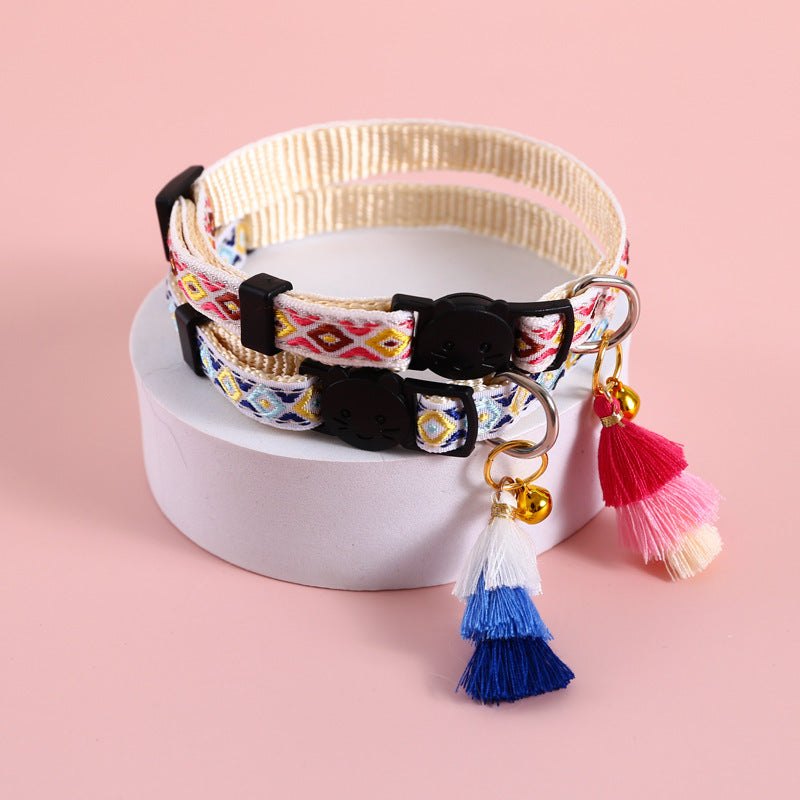 Boho Chic Double-Layer Cat Collar with Colourful Tassels & Safety Bell