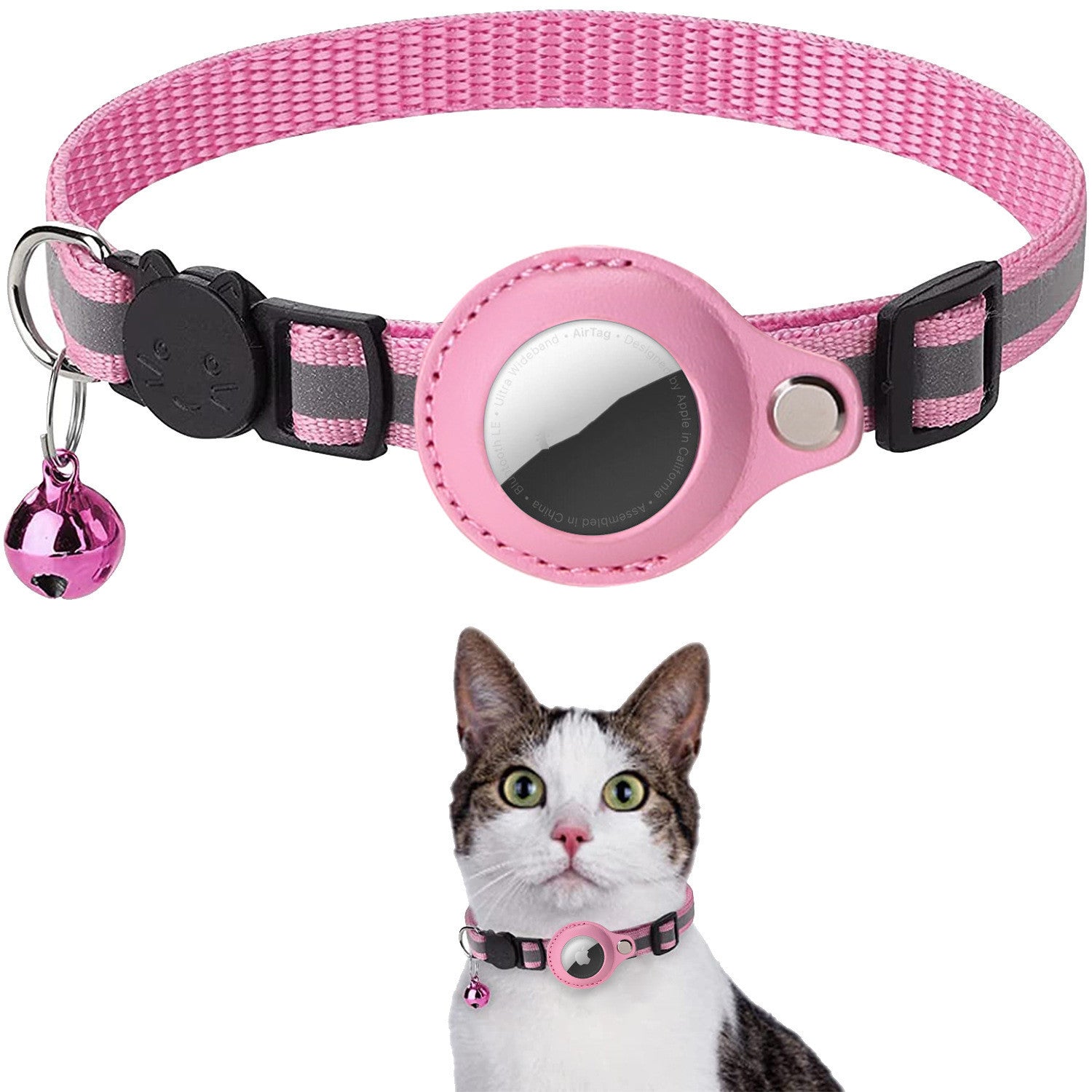 AirTag Cat Collar with Breakaway Safety Buckle - Reflective Adjustable Collar with Bell and Secure Tracker Holder