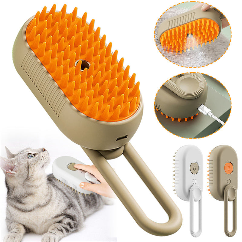 USB Rechargeable Steam Cat Grooming Brush - 3-in-1 Electric Deshedding & Massage Tool