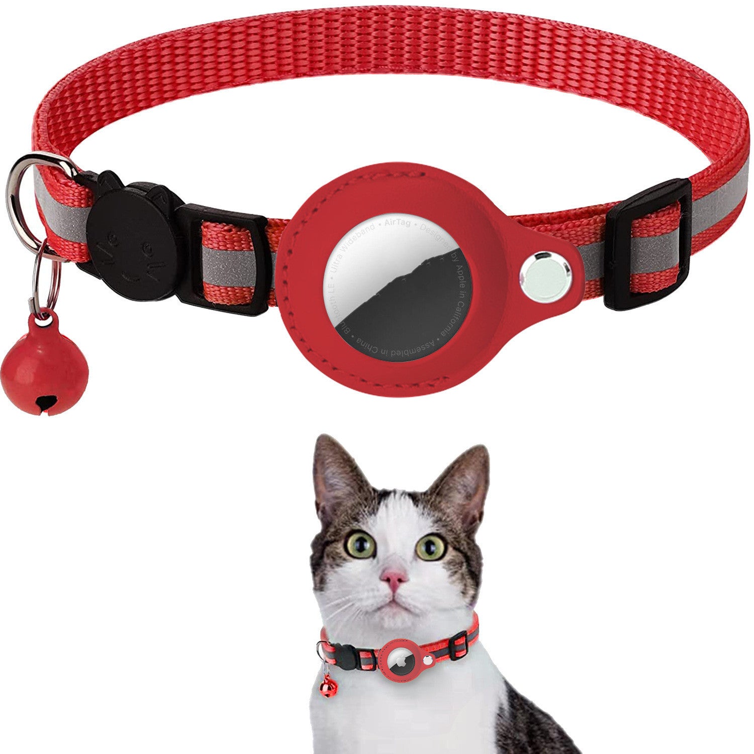 AirTag Cat Collar with Breakaway Safety Buckle - Reflective Adjustable Collar with Bell and Secure Tracker Holder
