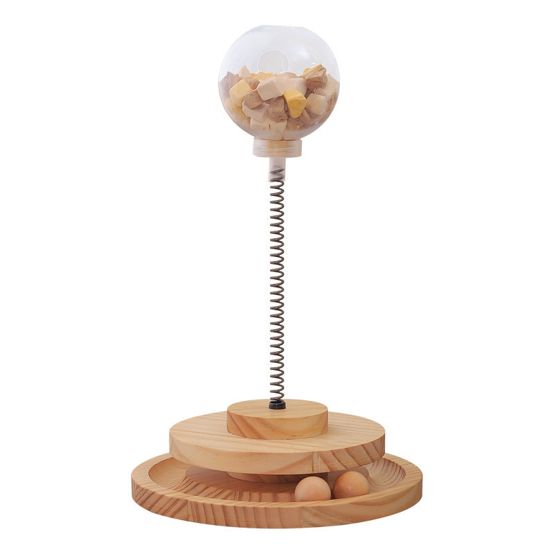 Interactive Cat Treat Dispenser - Wobble Spring Toy with Natural Wood Base