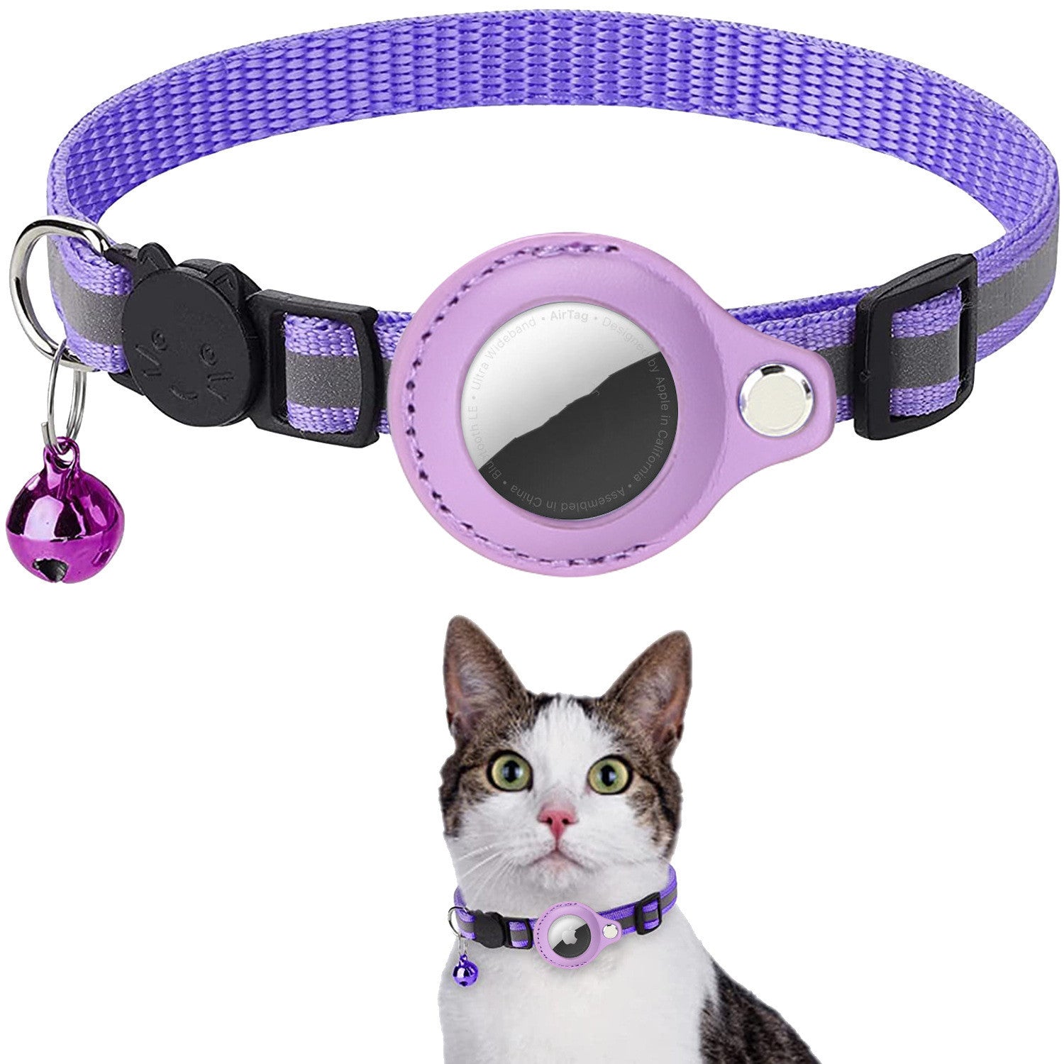 AirTag Cat Collar with Breakaway Safety Buckle - Reflective Adjustable Collar with Bell and Secure Tracker Holder