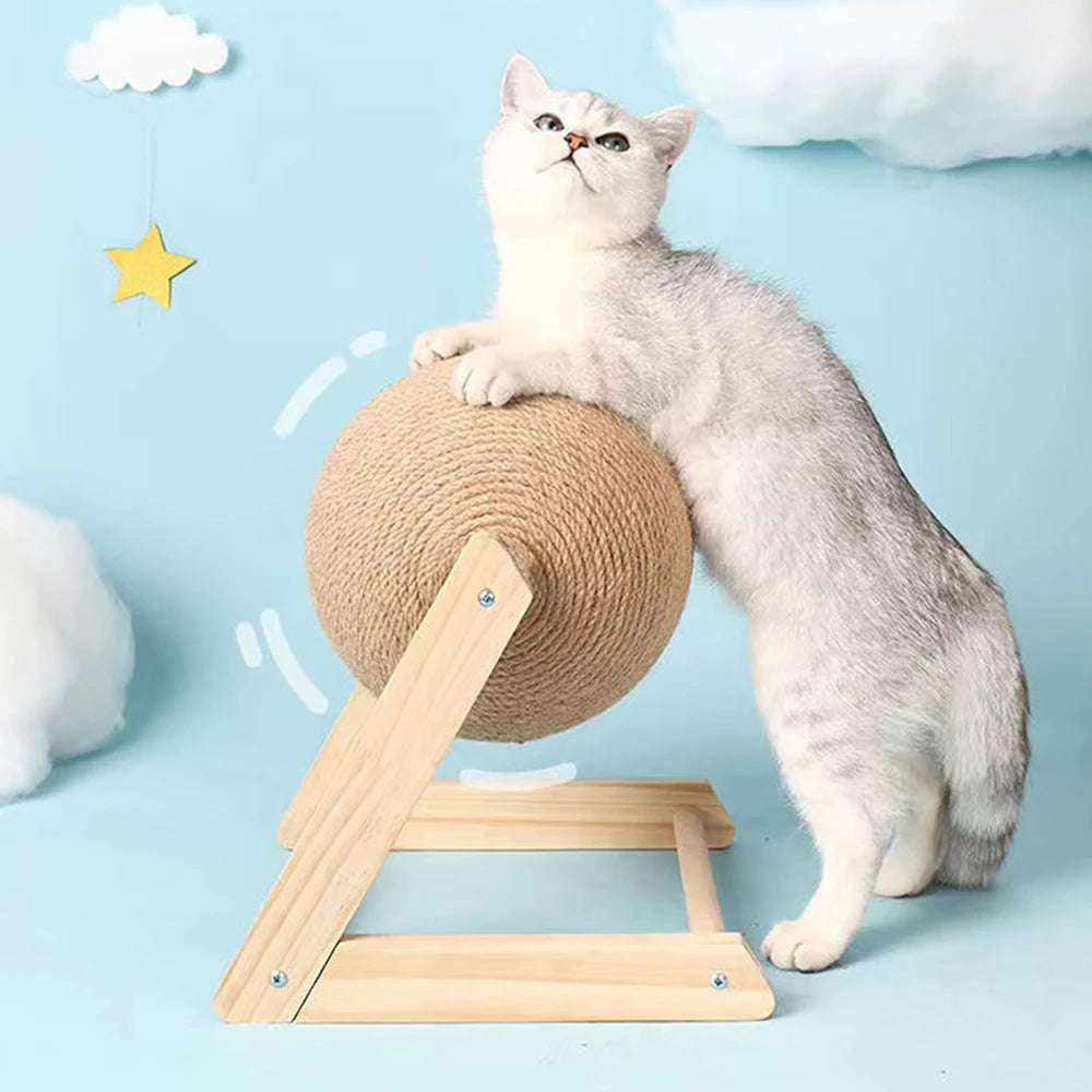 Natural Wood Cat Scratching Post with Sisal Ball - Modern Design Claw Sharpening Station