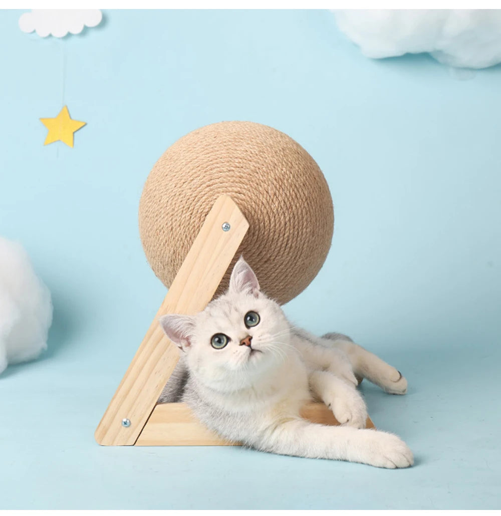 Natural Wood Cat Scratching Post with Sisal Ball - Modern Design Claw Sharpening Station