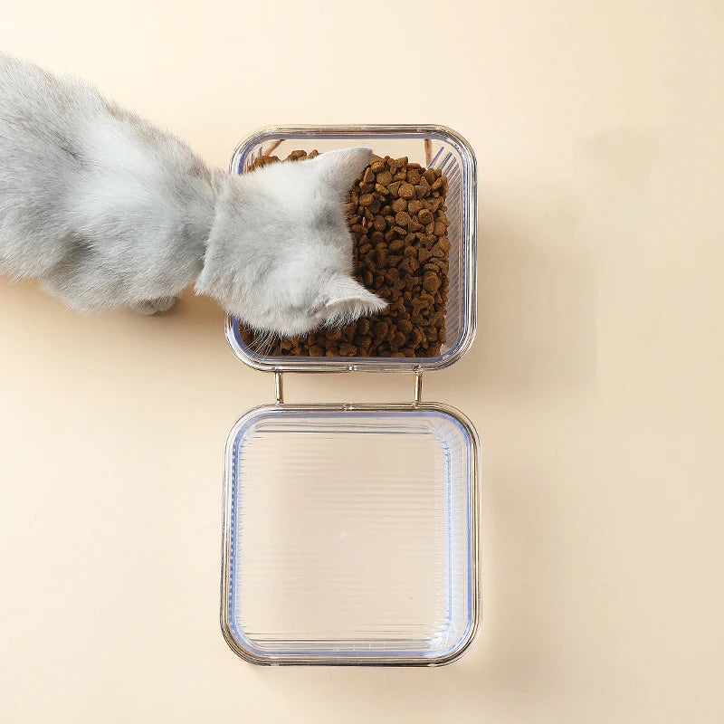 Elevated Double Cat Bowl Set - Transparent Bowls with Golden Stand & Ergonomic Design