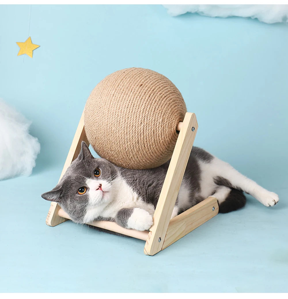 Natural Wood Cat Scratching Post with Sisal Ball - Modern Design Claw Sharpening Station
