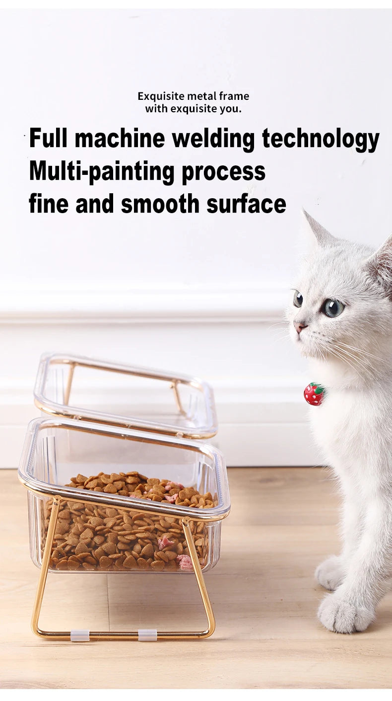 Elevated Double Cat Bowl Set - Transparent Bowls with Golden Stand & Ergonomic Design