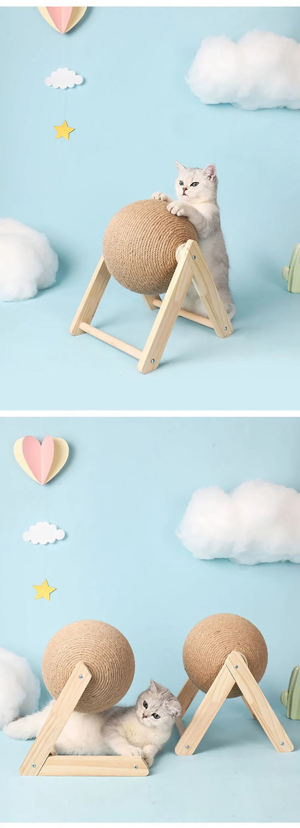 Natural Wood Cat Scratching Post with Sisal Ball - Modern Design Claw Sharpening Station