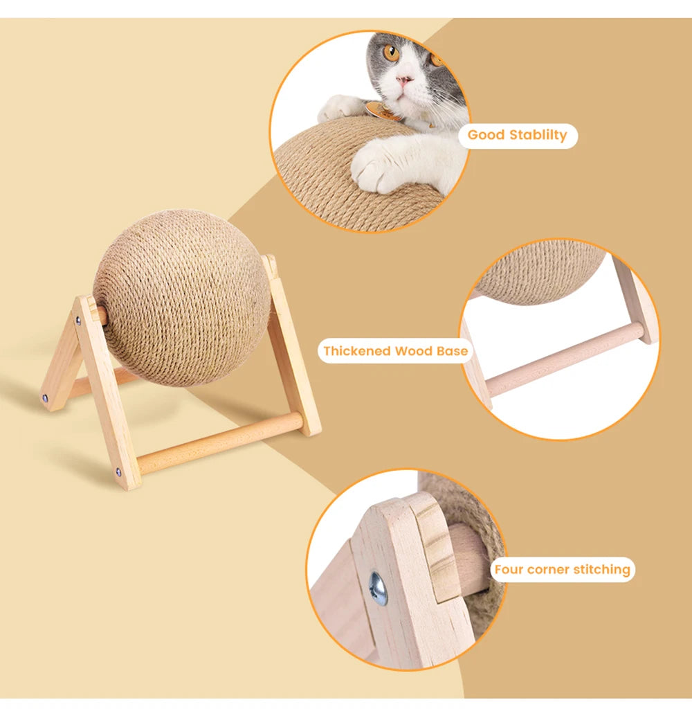Natural Wood Cat Scratching Post with Sisal Ball - Modern Design Claw Sharpening Station