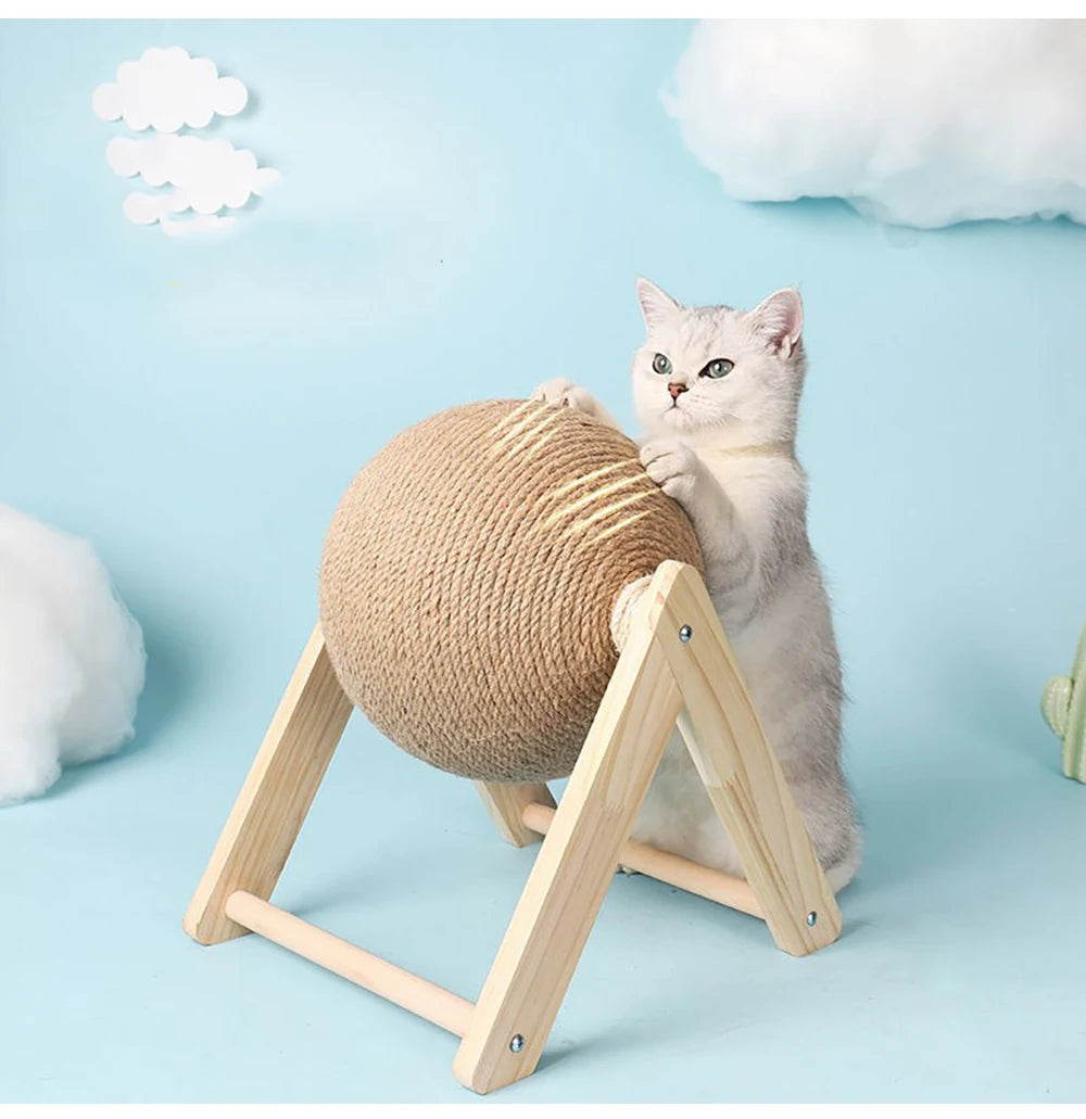 Natural Wood Cat Scratching Post with Sisal Ball - Modern Design Claw Sharpening Station