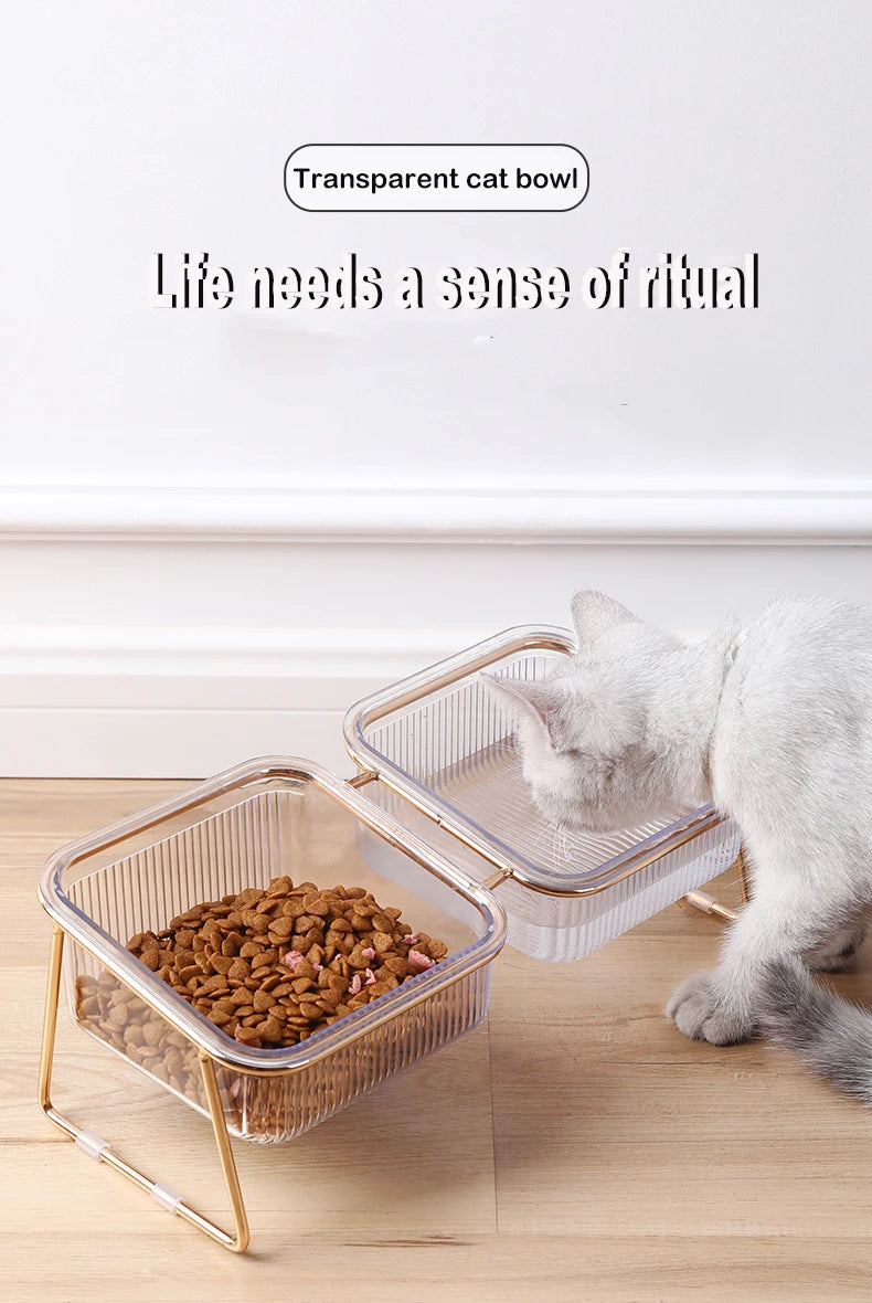 Elevated Double Cat Bowl Set - Transparent Bowls with Golden Stand & Ergonomic Design