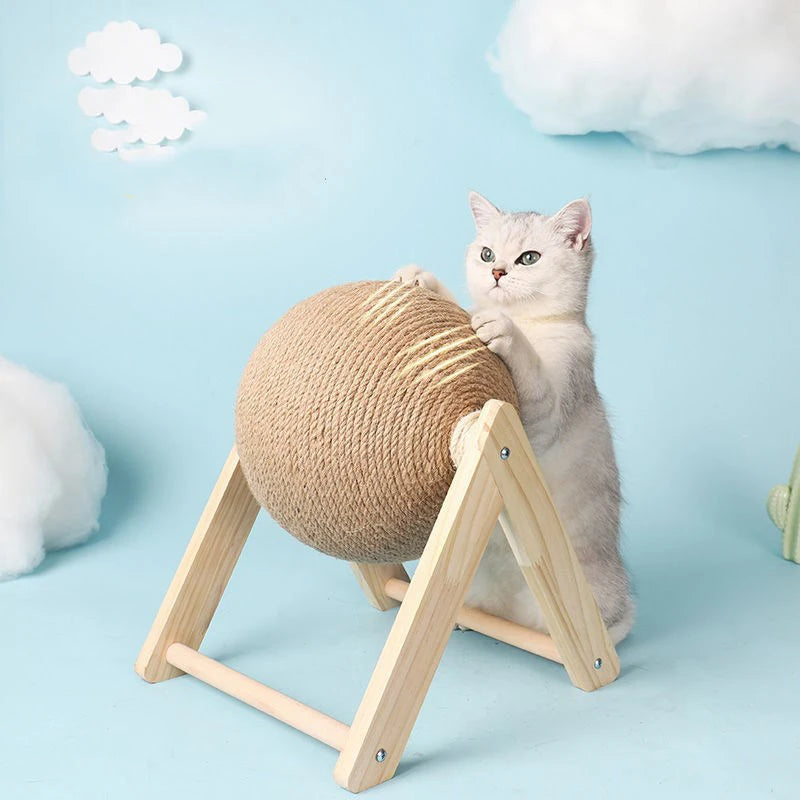 Natural Wood Cat Scratching Post with Sisal Ball - Modern Design Claw Sharpening Station