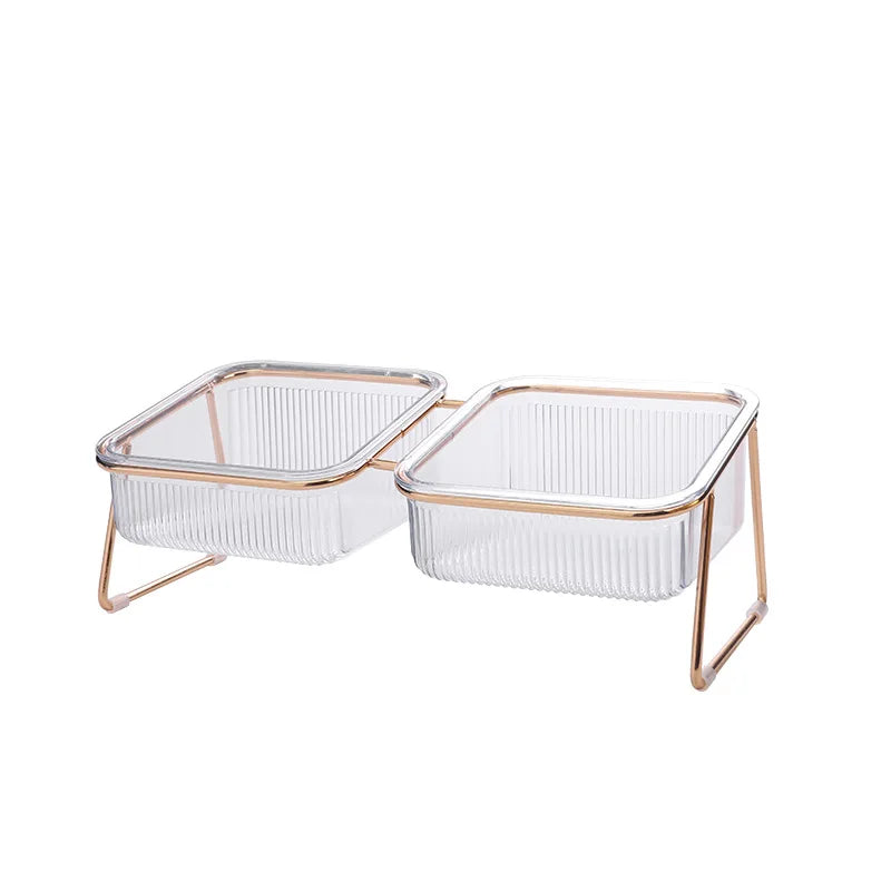 Elevated Double Cat Bowl Set - Transparent Bowls with Golden Stand & Ergonomic Design