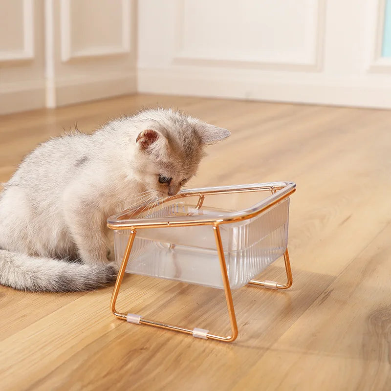 Elevated Double Cat Bowl Set - Transparent Bowls with Golden Stand & Ergonomic Design