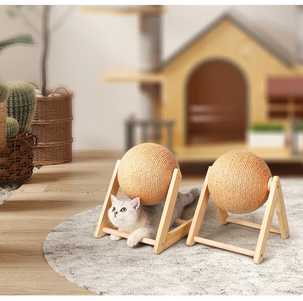 Natural Wood Cat Scratching Post with Sisal Ball - Modern Design Claw Sharpening Station