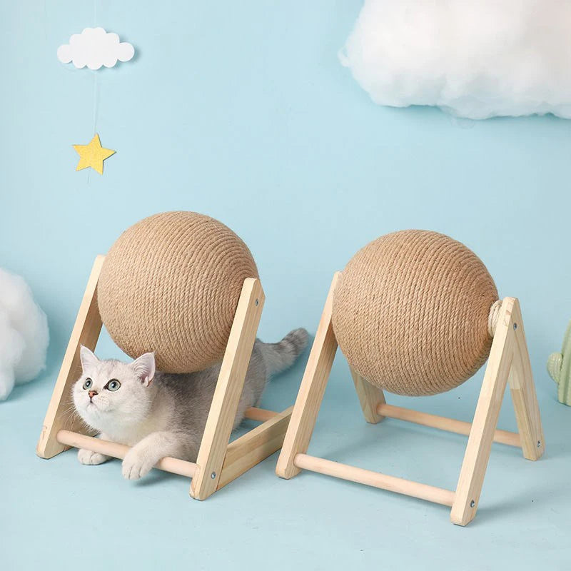 Natural Wood Cat Scratching Post with Sisal Ball - Modern Design Claw Sharpening Station