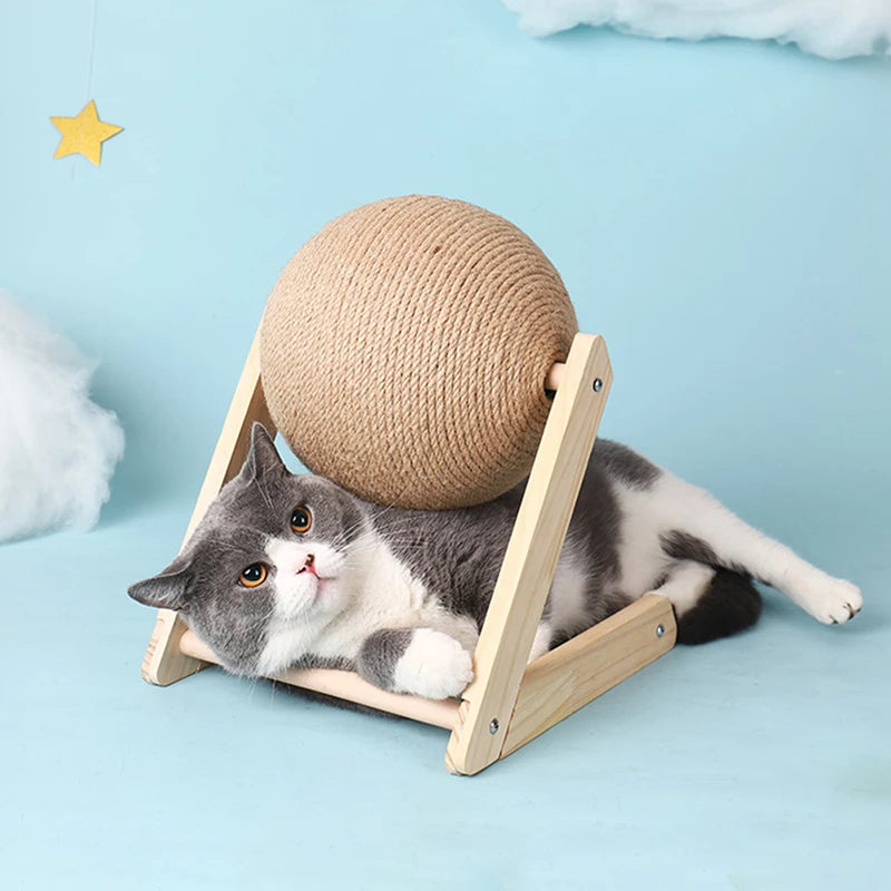 Natural Wood Cat Scratching Post with Sisal Ball - Modern Design Claw Sharpening Station