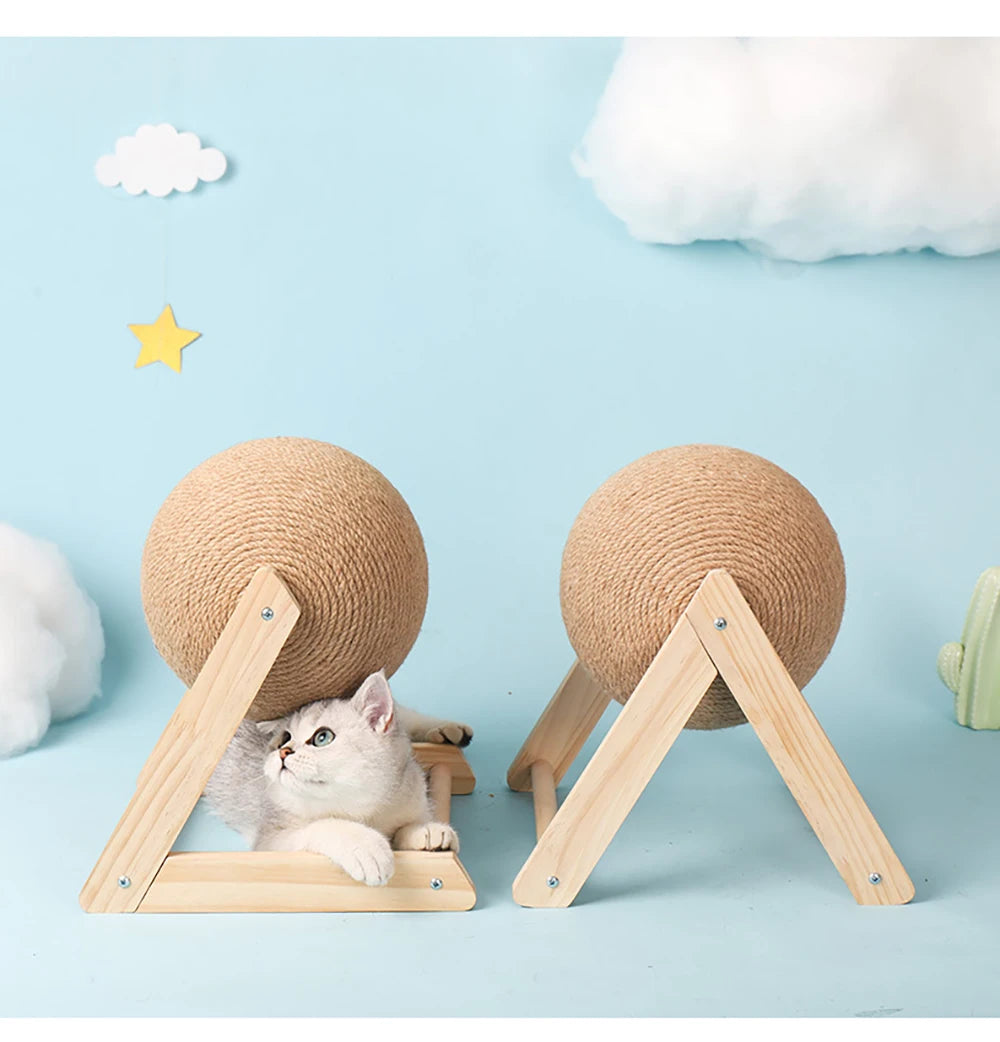 Natural Wood Cat Scratching Post with Sisal Ball - Modern Design Claw Sharpening Station