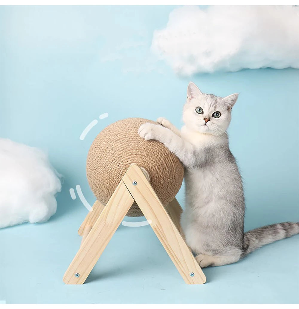 Natural Wood Cat Scratching Post with Sisal Ball - Modern Design Claw Sharpening Station