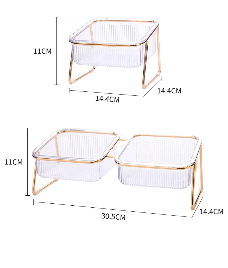 Elevated Double Cat Bowl Set - Transparent Bowls with Golden Stand & Ergonomic Design