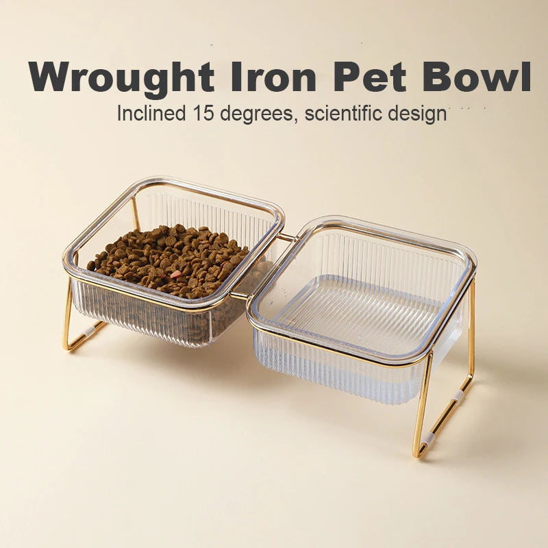 Elevated Double Cat Bowl Set - Transparent Bowls with Golden Stand & Ergonomic Design