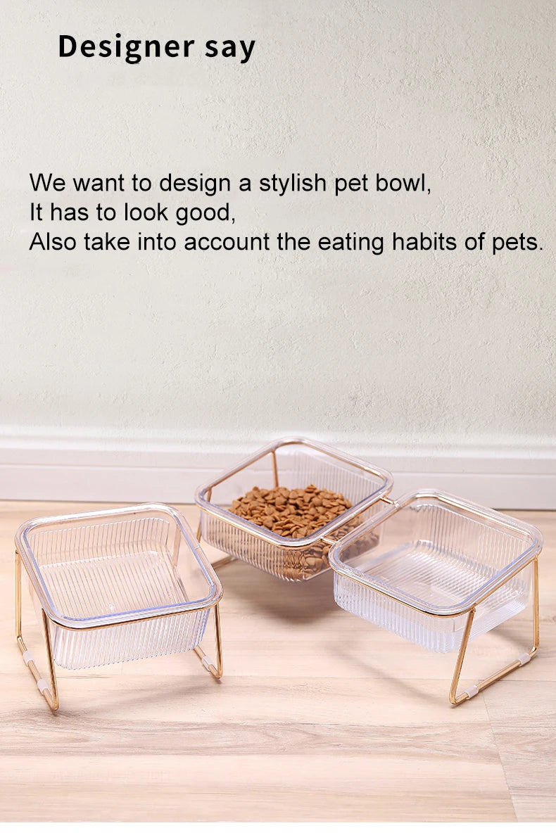 Elevated Double Cat Bowl Set - Transparent Bowls with Golden Stand & Ergonomic Design