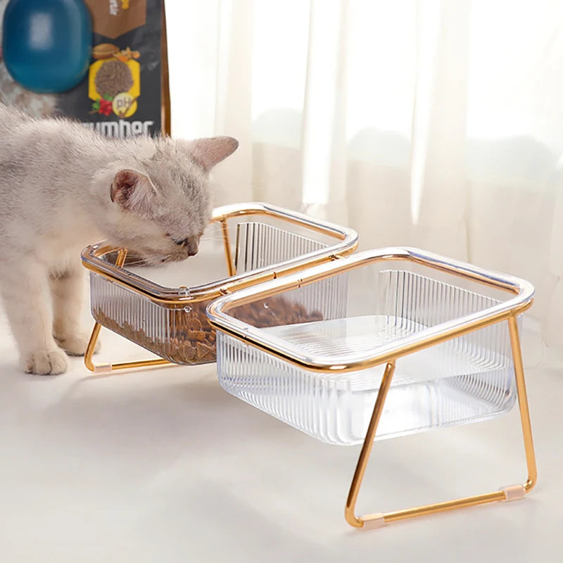 Elevated Double Cat Bowl Set - Transparent Bowls with Golden Stand & Ergonomic Design