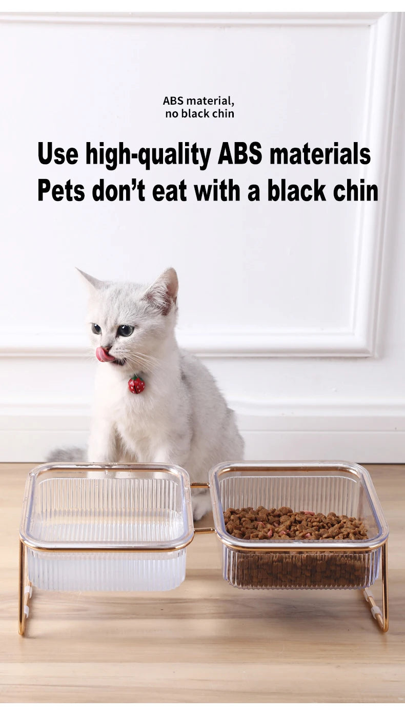 Elevated Double Cat Bowl Set - Transparent Bowls with Golden Stand & Ergonomic Design