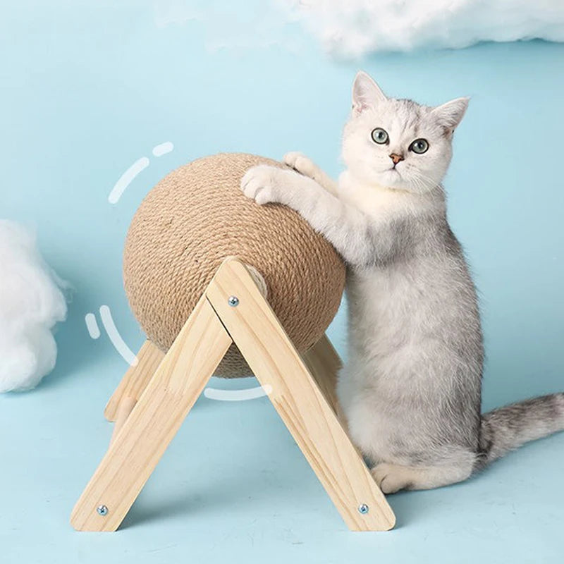 Natural Wood Cat Scratching Post with Sisal Ball - Modern Design Claw Sharpening Station