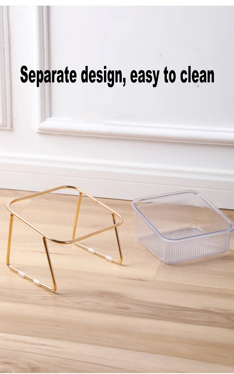 Elevated Double Cat Bowl Set - Transparent Bowls with Golden Stand & Ergonomic Design