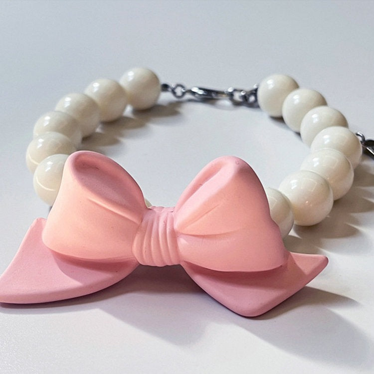 Luxe Princess Pearl Cat Collar with Pink Bow Charm - Royal Elegance Collection
