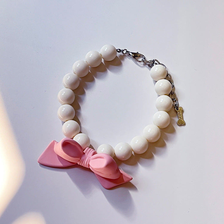 Luxe Princess Pearl Cat Collar with Pink Bow Charm - Royal Elegance Collection