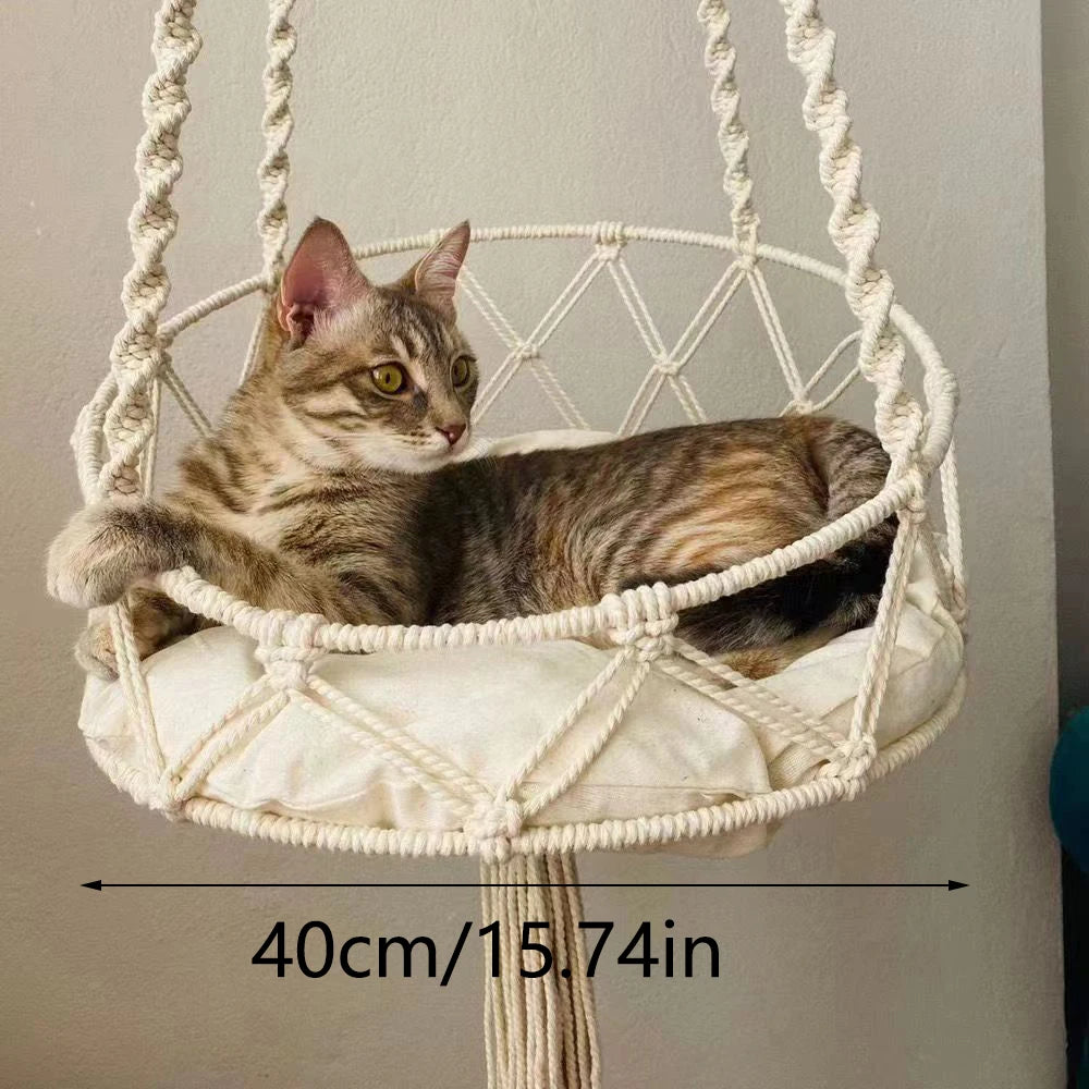 Handwoven Macramé Cat Hammock - Boho Hanging Bed with Cotton Cushion & Decorative Tassels